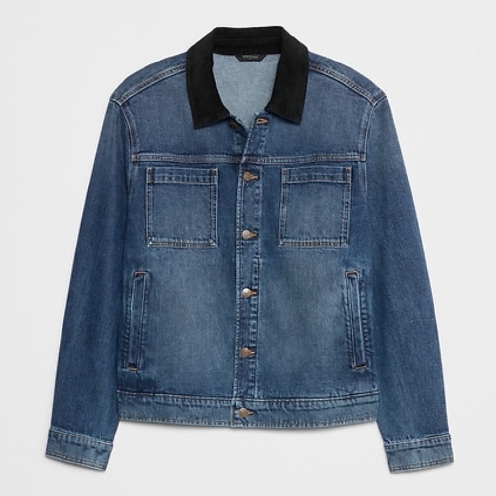 Banana Republic Blue Denim Jacket Black Corduroy Collar XL Men's Trucker